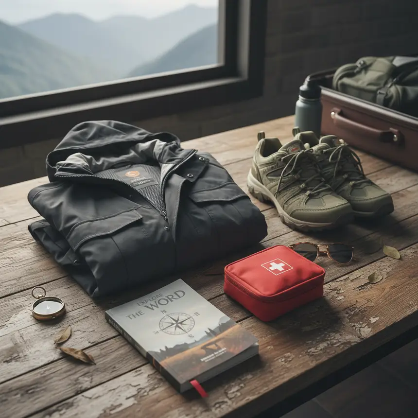 Travel essentials flat lay