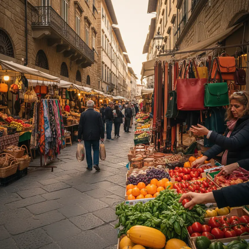 Florence market scene, leather crafts, fresh produce