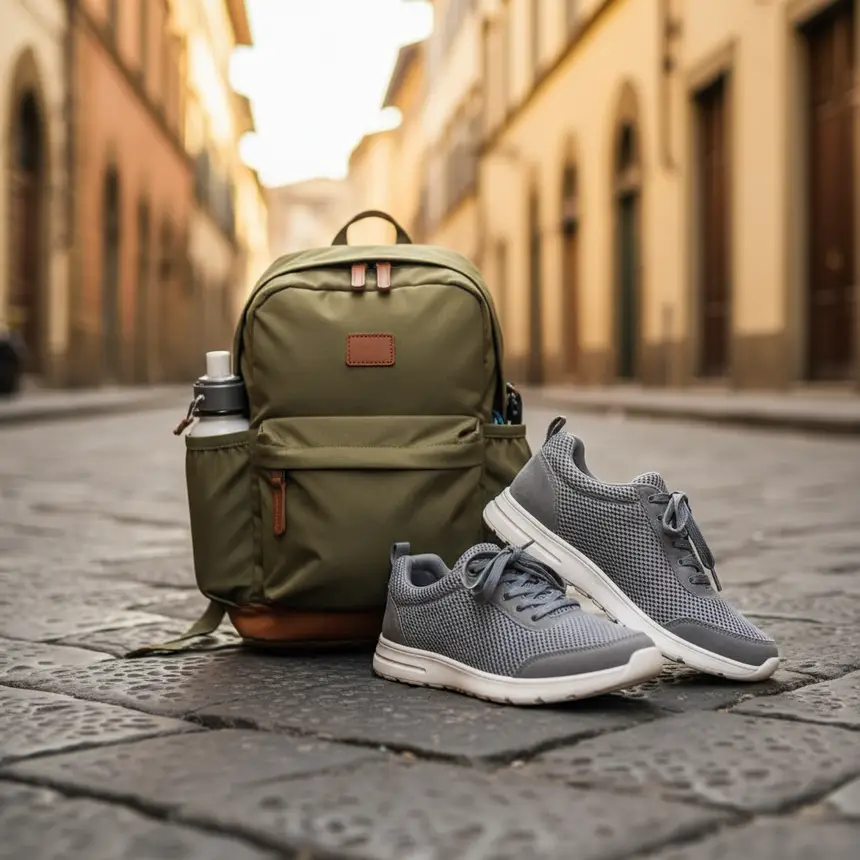 Florence cobblestone street, comfortable walking shoes, travel backpack