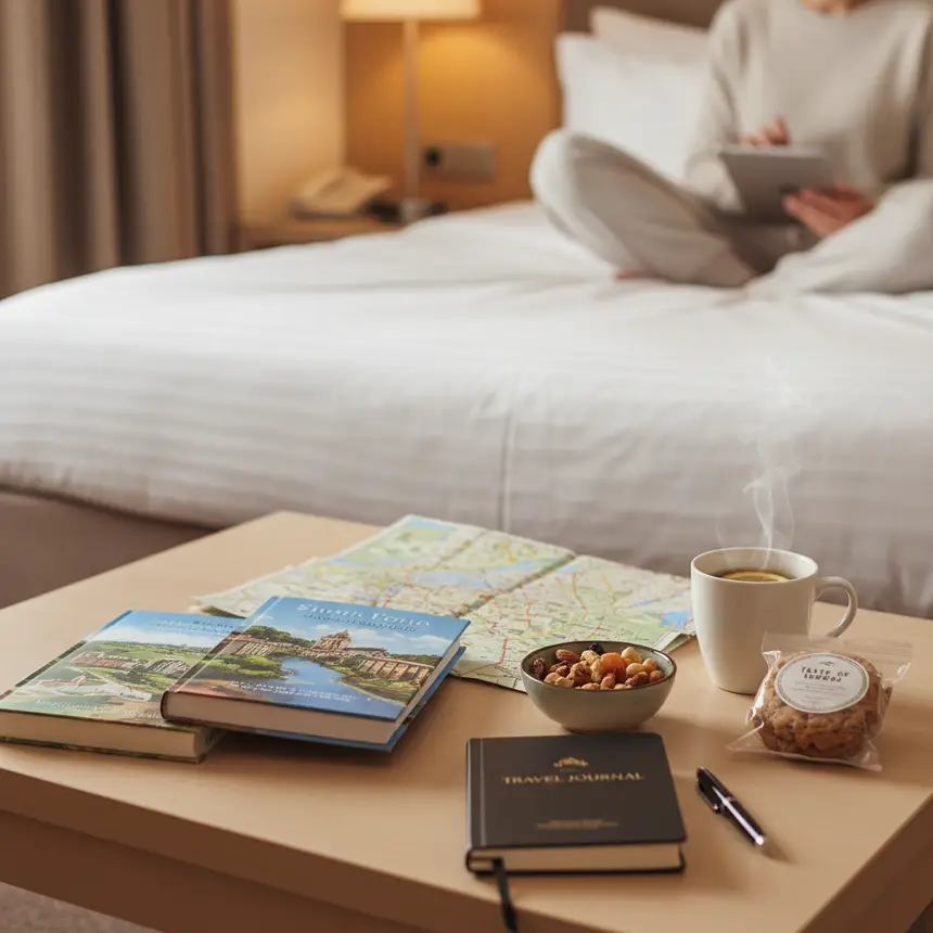 Cozy hotel room with travel items