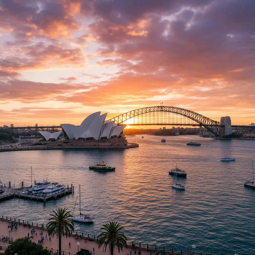 Sydney Opera House and Harbour Bridge at sunset