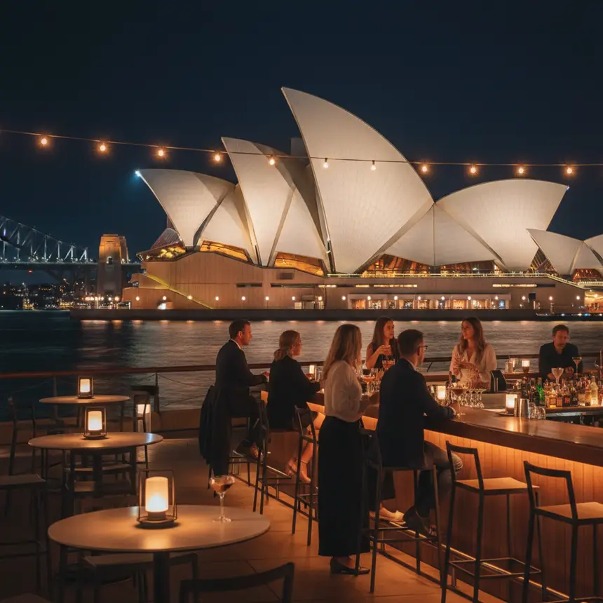Sydney Opera House at night with bar patrons