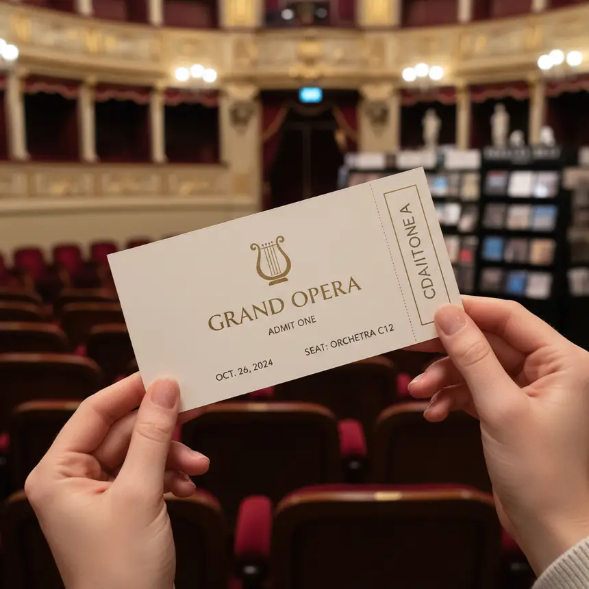 Hands holding opera performance ticket