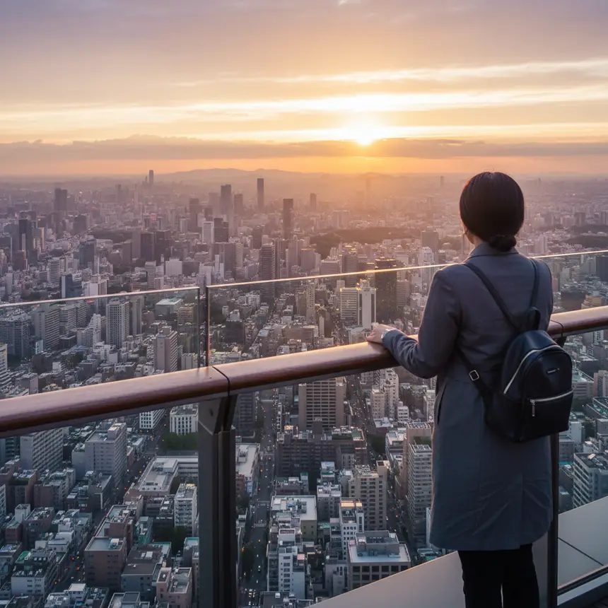 Traveler looking at city