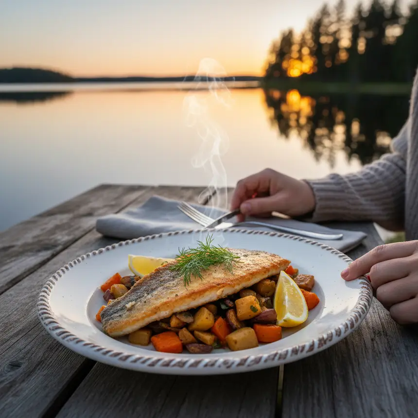 Finnish fish dish, fried perch, warm lighting food