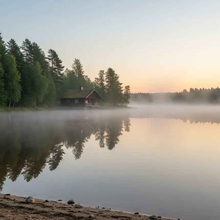 Finnish lake, dawn mist, wooden cabin