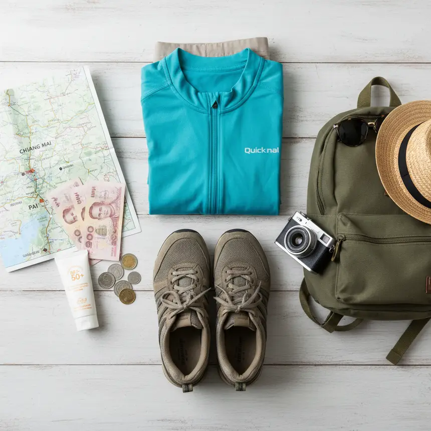 Thailand travel essentials, flat lay, budget planning