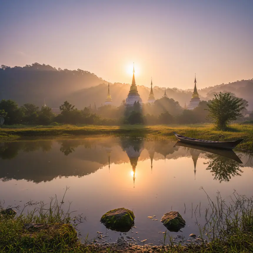 Thai natural landscape, sunset, peaceful scenery