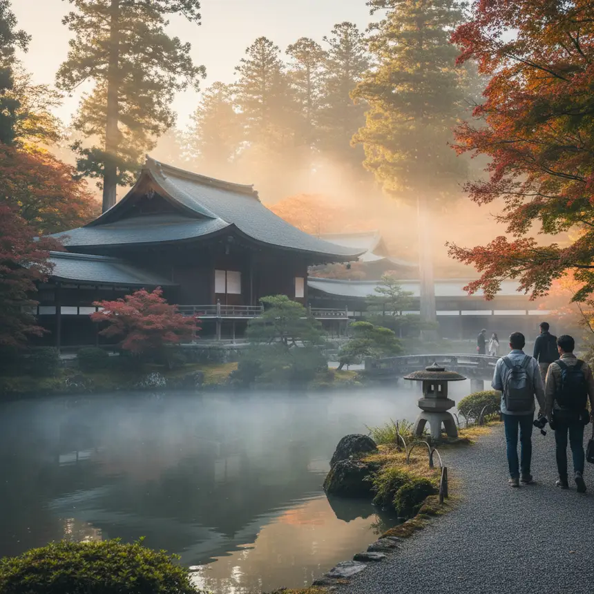 Japanese temple garden with mist