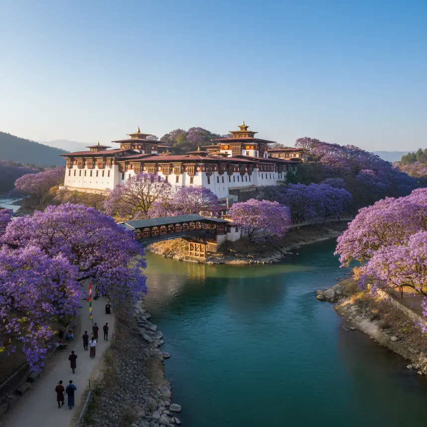 Punakha Dzong jacaranda blossoms spring