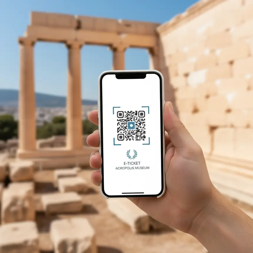 Smartphone with QR code ticket, Acropolis combined pass, digital entry