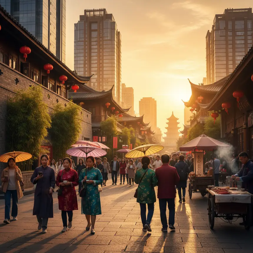 Vibrant city street scene with traditional architecture