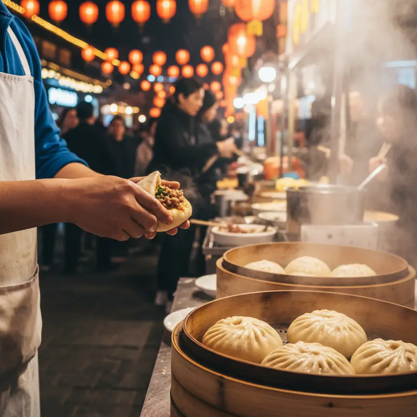 Street food vendor preparing a local snack