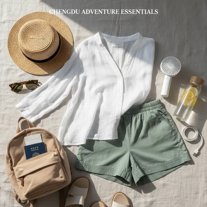 Flat lay of travel essentials for a warm climate trip