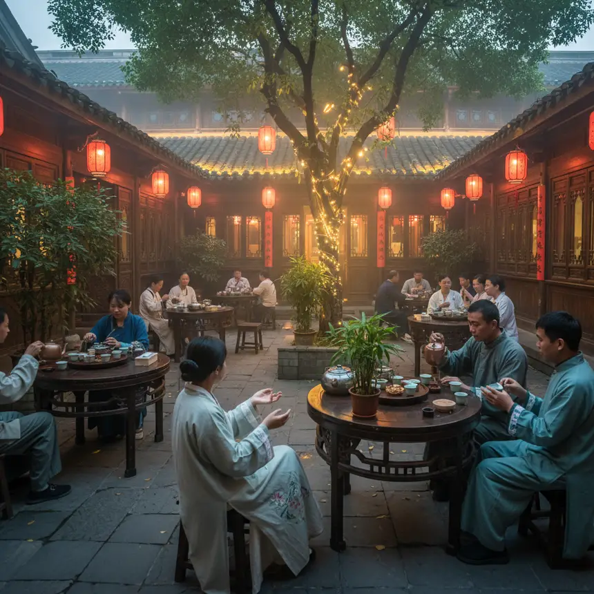 Traditional tea house courtyard with people enjoying tea