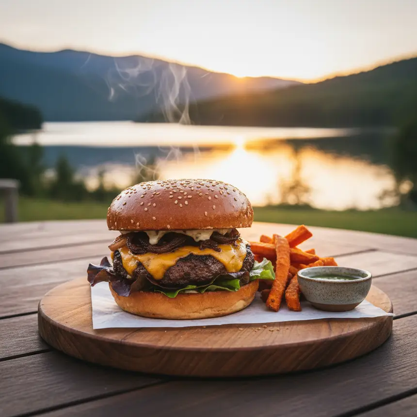 Steaming gourmet burger with lake view