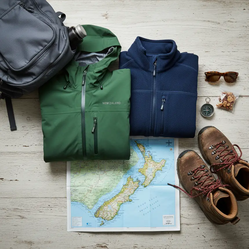 New Zealand travel packing essentials flat lay