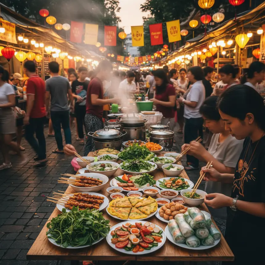 Ho Chi Minh City street food market at dusk