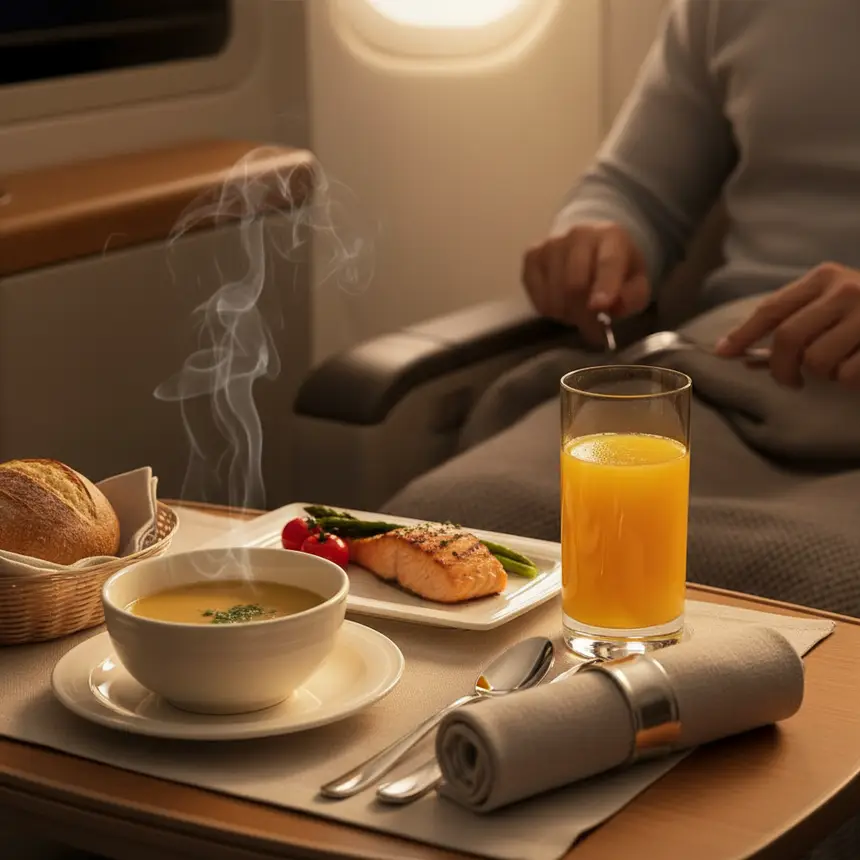 Elegant in-flight meal in premium cabin