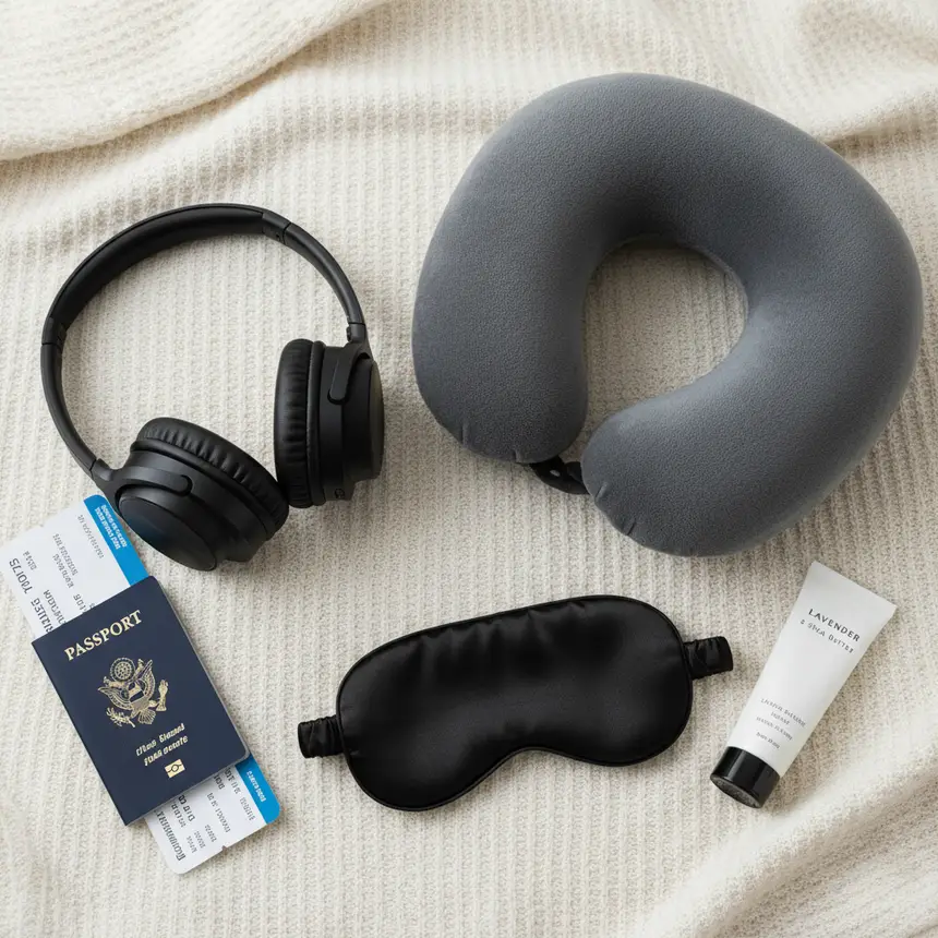 Flat lay of travel essentials and passport