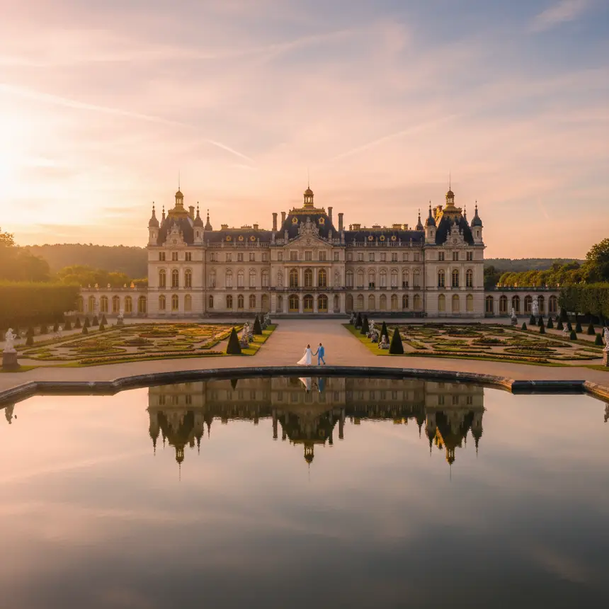 Royal palace, vast gardens, reflective pond, intricate architecture