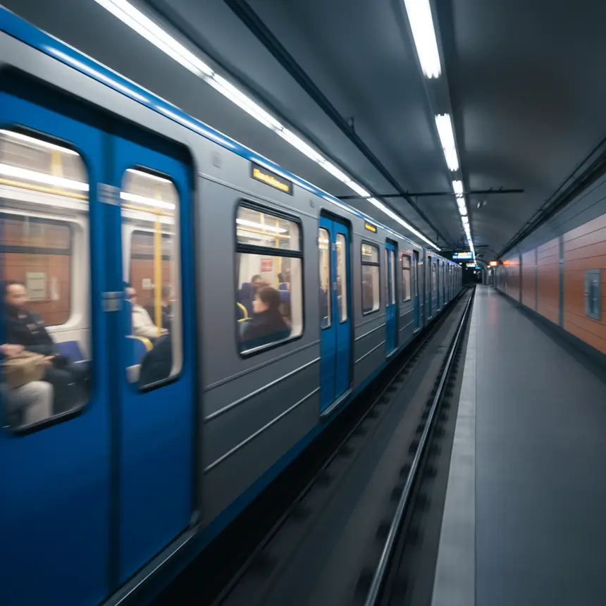 Modern subway train, motion blur, efficient public transportation
