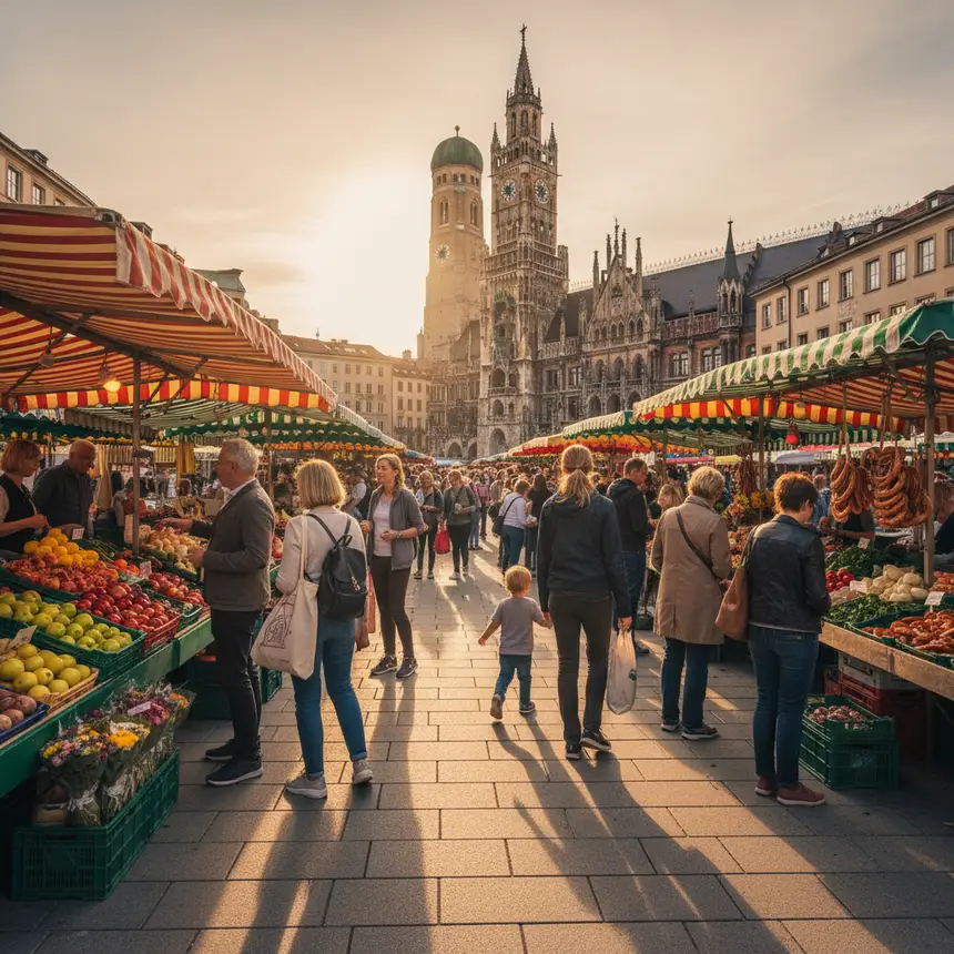 Bustling market square, historical buildings, safe and vibrant atmosphere