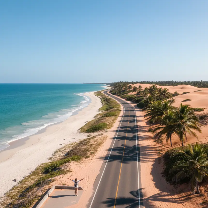 Vietnam coastal drive, clear blue ocean, palm trees
