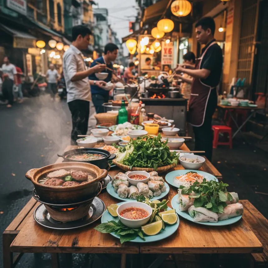 Vietnamese street food, Bún Chả, coconut coffee