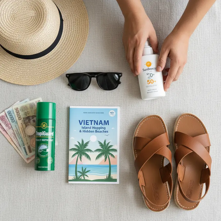 Vietnam travel essentials, passport, wallet, sunglasses