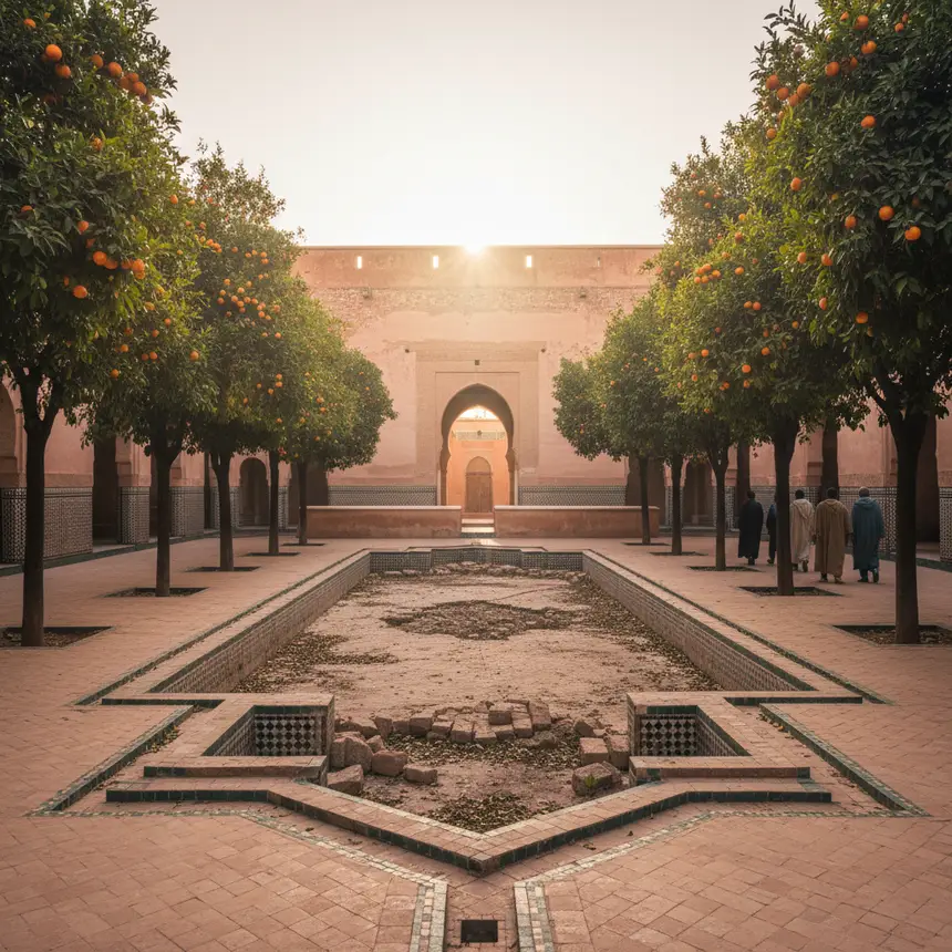 El Badi Palace courtyard with orange trees
