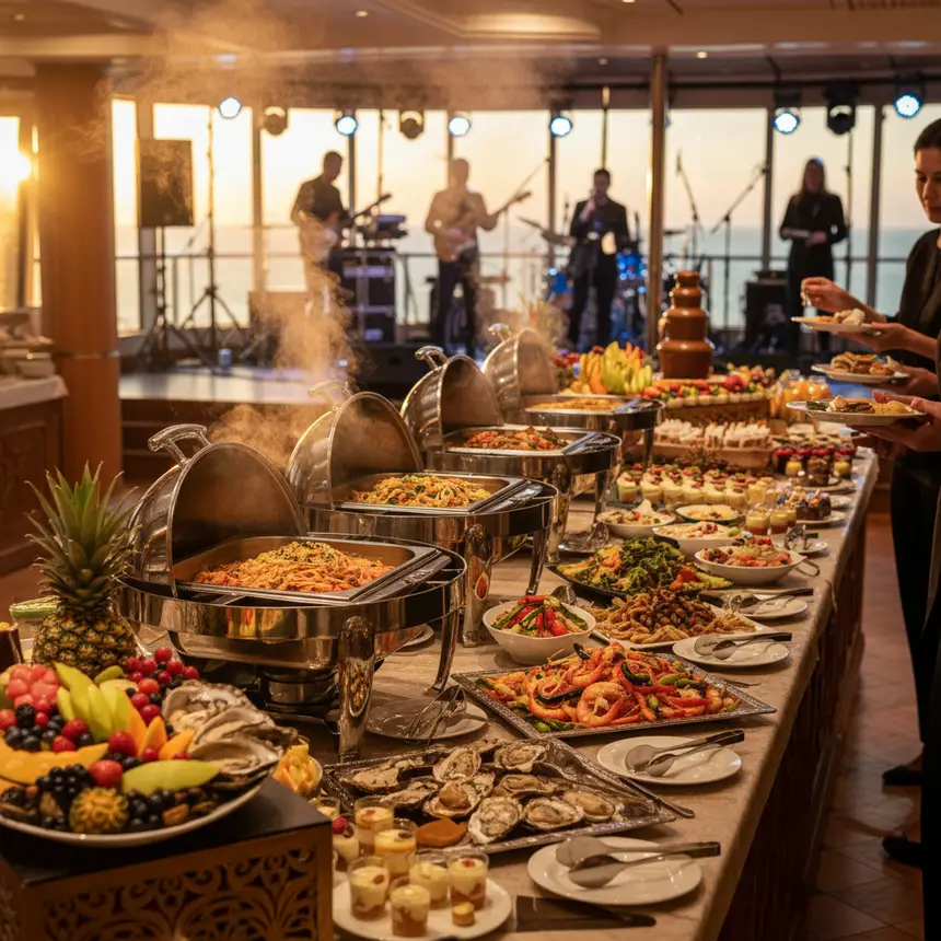 cruise buffet, onboard entertainment, Penang street food