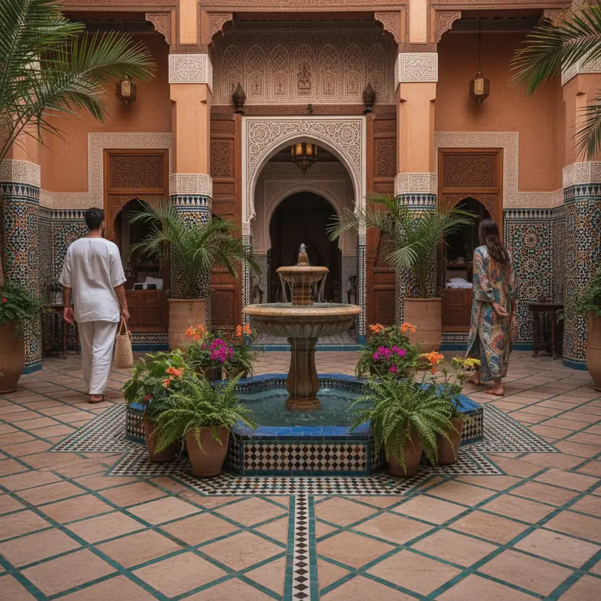Moroccan Riad, Zellige tiles, fountain courtyard