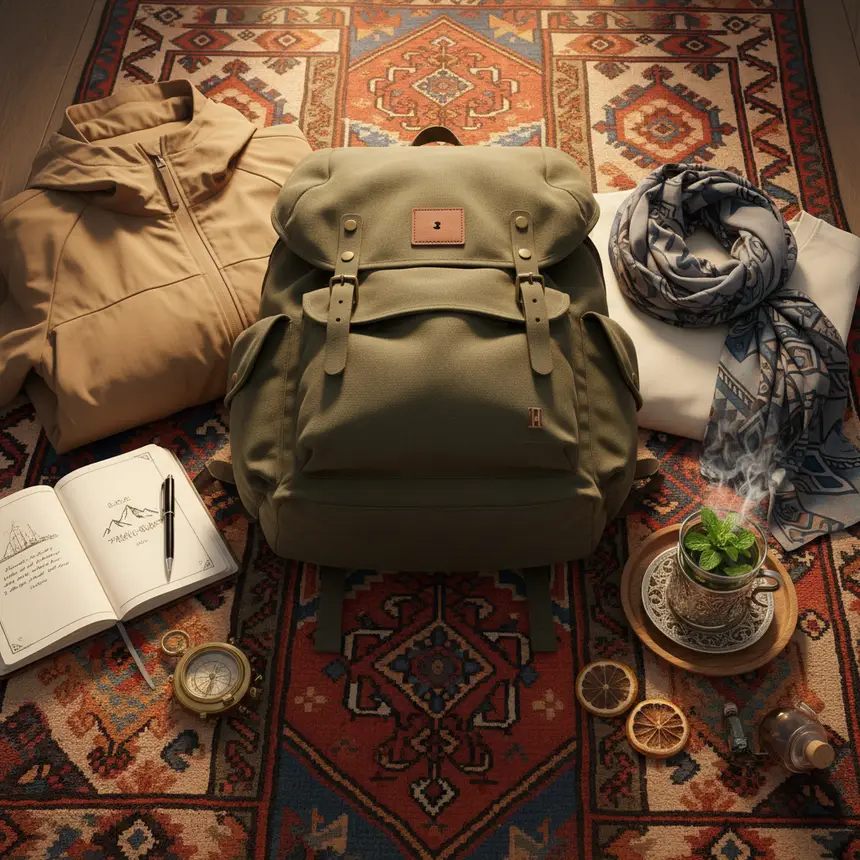Travel essentials, Moroccan mint tea, backpack