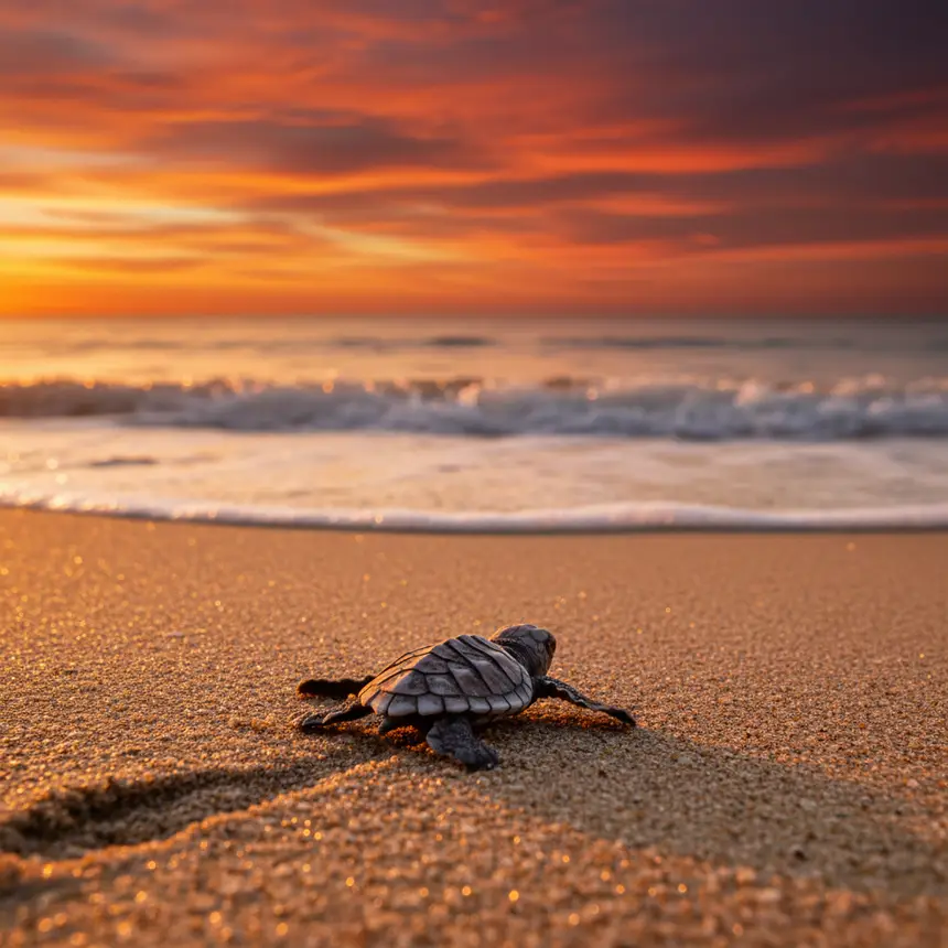 Baby sea turtle crawling to ocean