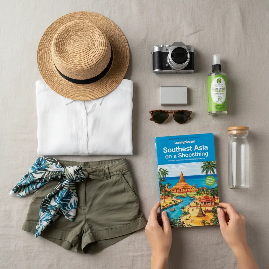 Southeast Asia travel essentials, flat lay