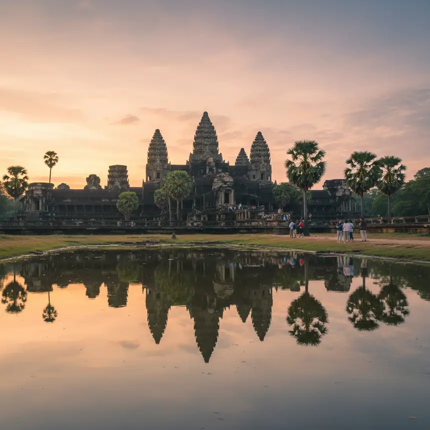 Angkor Wat reflection at dusk, serene