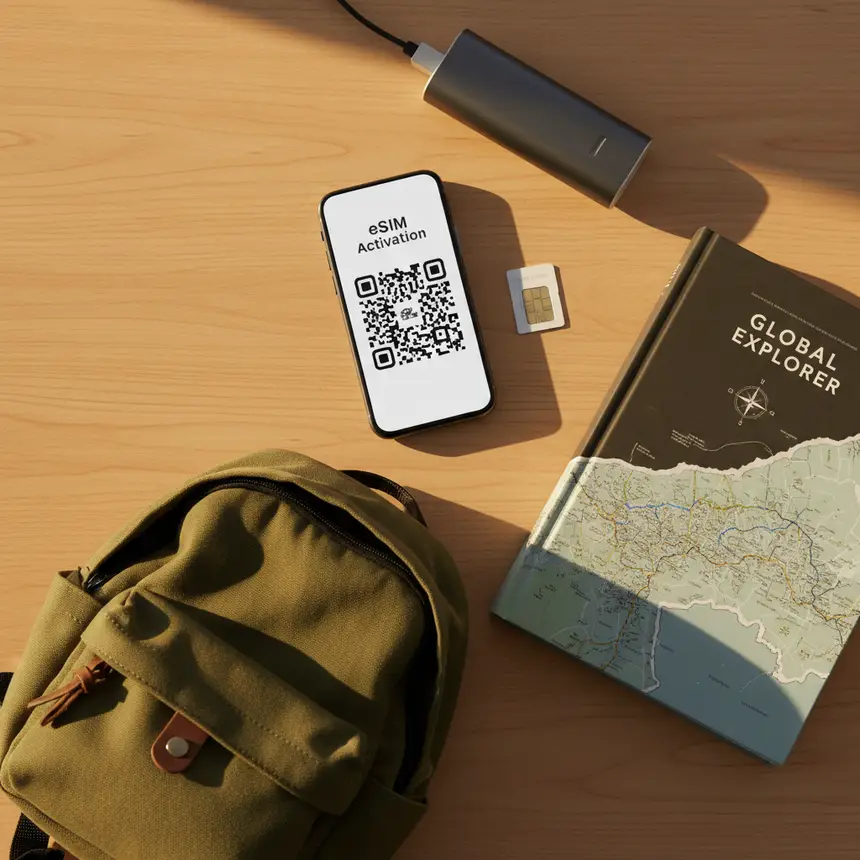 Smartphone eSIM QR code, physical SIM card, travel essentials