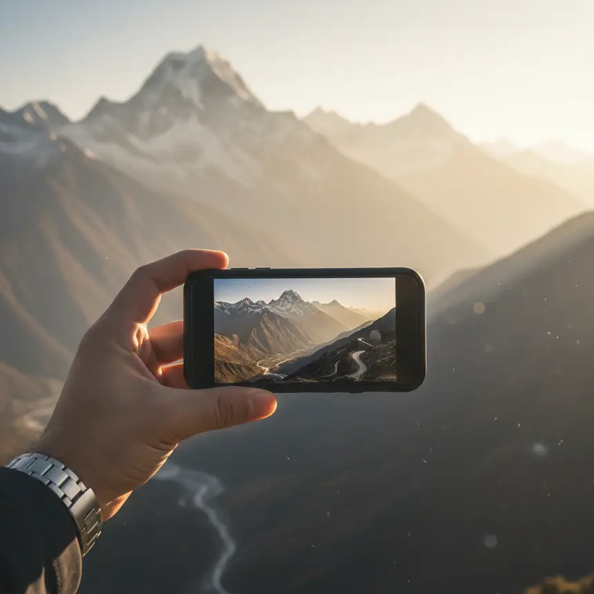 Traveler taking photo with smartphone in front of Himalayas