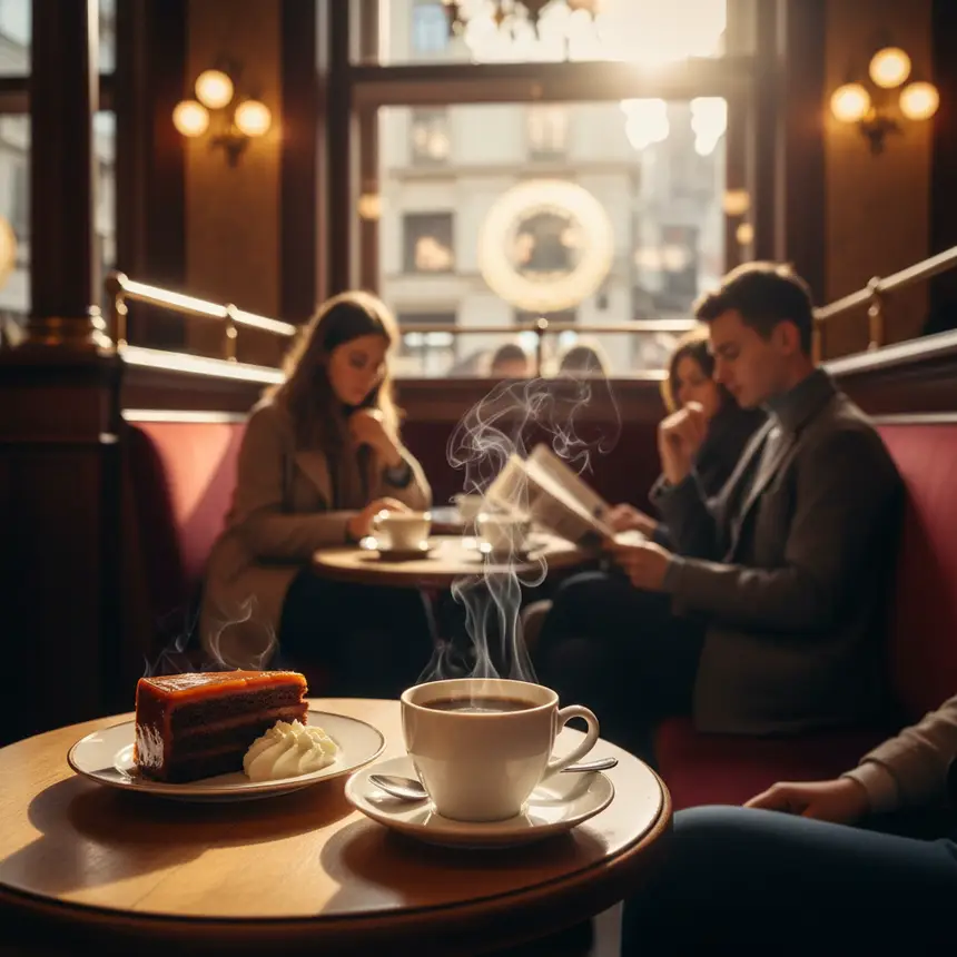 Inside a historic Viennese cafe with coffee and dessert