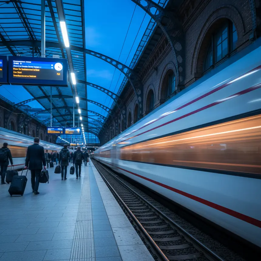 Busy Viennese train station platform with public transport
