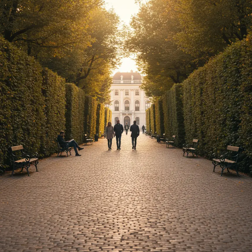 Serene classical park in Vienna with elegant pathways