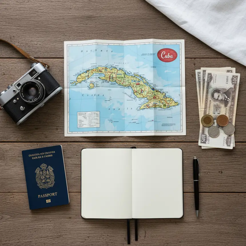 Cuba travel preparation flat lay