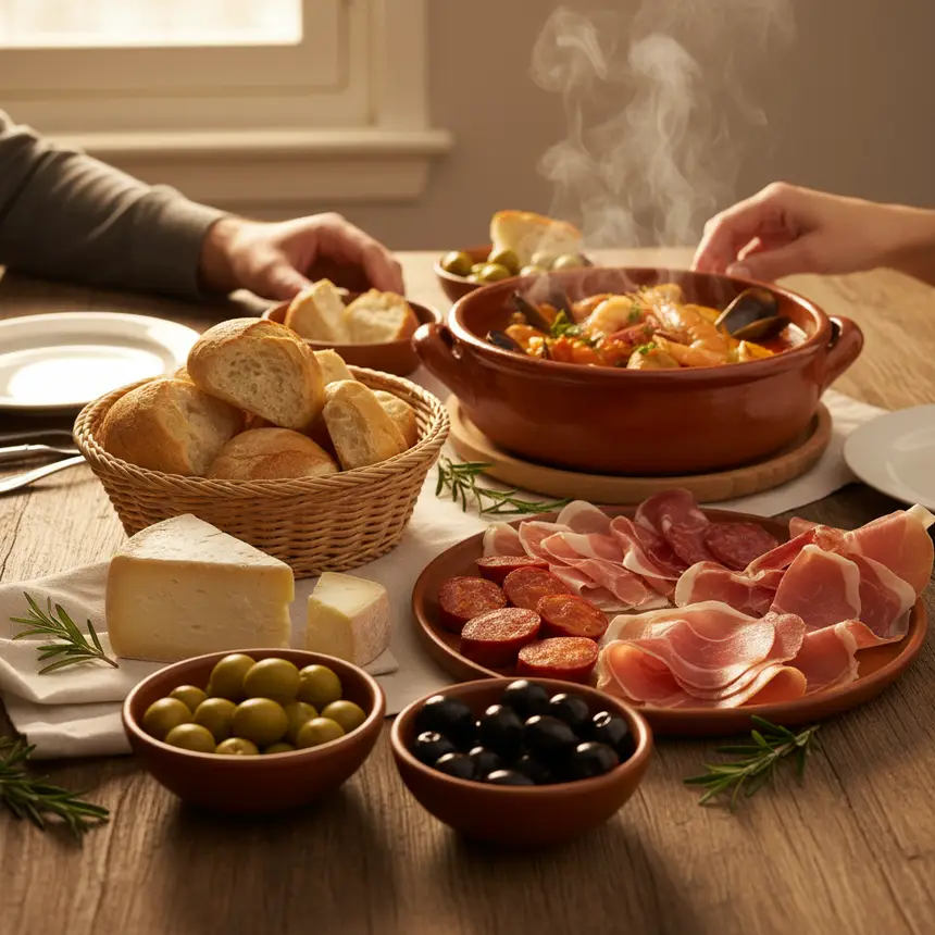 Portuguese appetizers, seafood, warm lighting