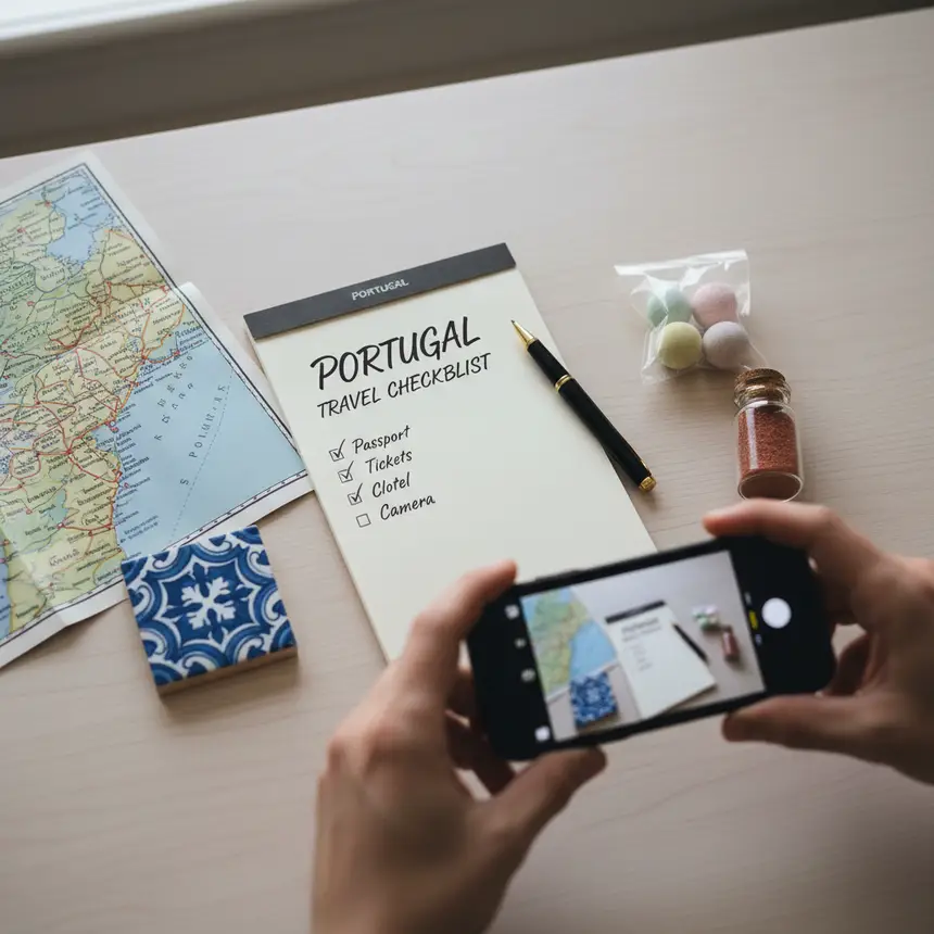 Travel checklist, Portugal map, souvenirs