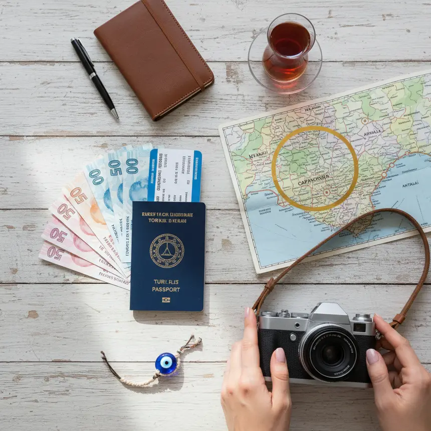 Turkey travel essentials flat lay