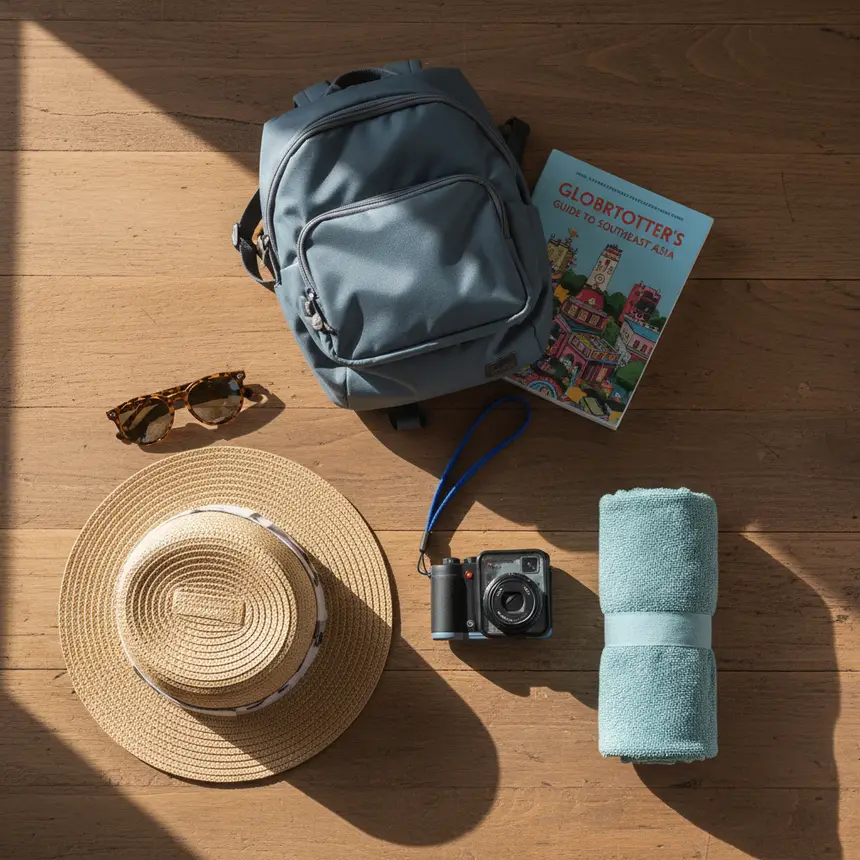 Travel gear flat lay, waterproof camera