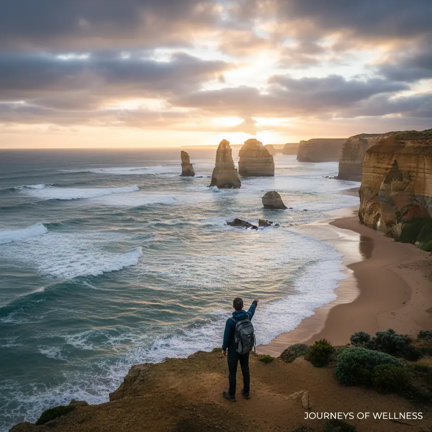 Twelve Apostles rock formations at sunrise