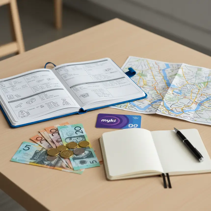 Flat lay of Melbourne travel essentials
