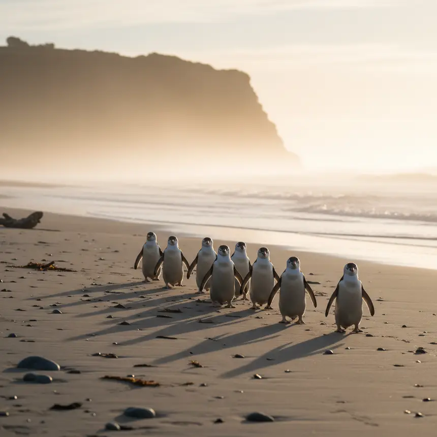 Penguins waddling on Phillip Island beach at sunset
